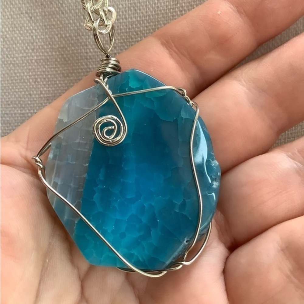 Wire wrap silver Chain Necklace with Blue Pendant